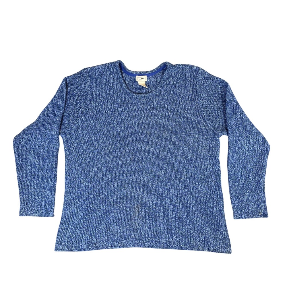 LL Bean Womens XL Blue Marled Cotton Knit Long Sleeve Crewneck Sweater Pullover